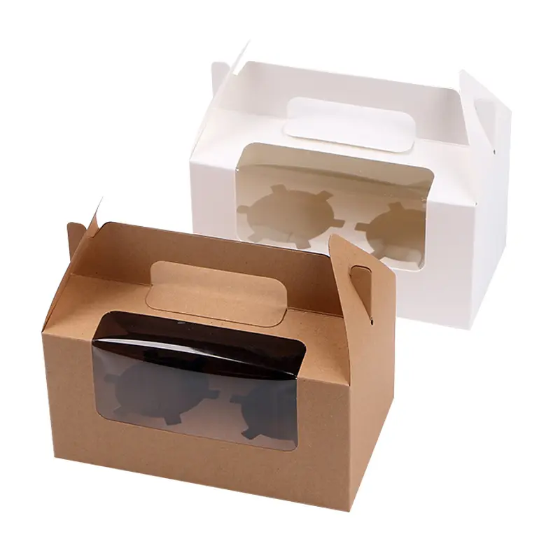 Pasokan Pabrik Kraft Coklat Kertas Kue Kemasan Kotak Masukkan Pemegang Jendela Kue Membawa Kotak dengan Pegangan Kustom