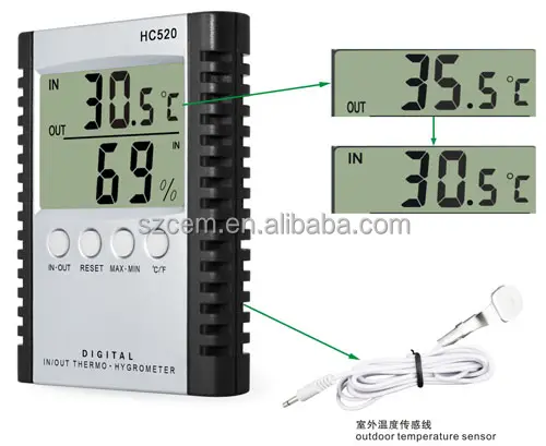 HC520 Termometer Dalam/Luar Ruangan, Pengukur Kelembaban Higrometer Dalam Ruangan Luar Ruangan, Kontroler Thermo Presisi Tinggi