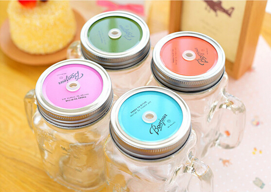 Mason Glass Drinking Jars Cocktail Glass Mugs Handle Tin Lid Straws Set