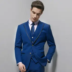 新しいデザインスタイリッシュなスリムFitsatinlapel3ピース男性用ウェディングスーツ青いタキシードドレス中国製