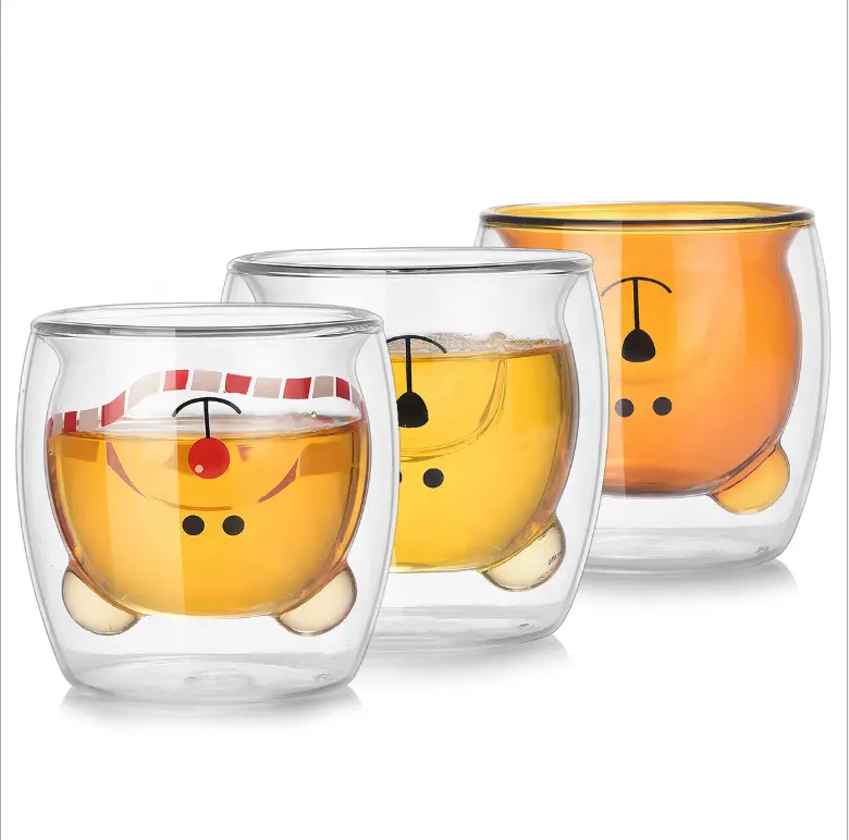 Borosilicate Double Wall Coffee Cup Mok In Verschillende Kleur Leuke Cartoon Beer Ontwerp Hoge Kwaliteit