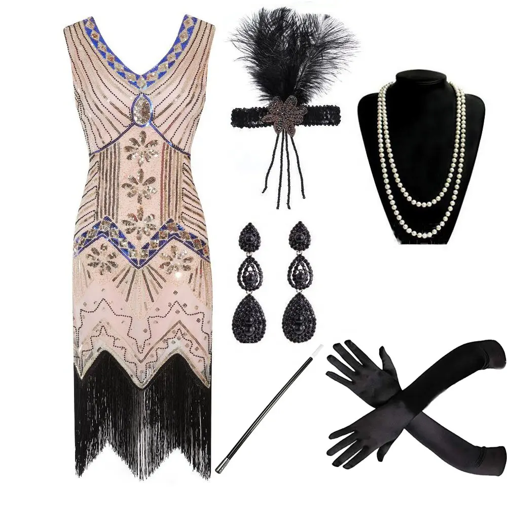 Ecowalson 1920s Art Deco Fringed Sequin Dress 20s Flapper Gatsby Costume Dressとアクセサリー