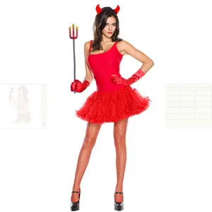 4-piece Women Red Devil Demon Headwear+Dress+Gloves+Fork Set Cosplay halloween costume for Women decorations Carnival Uniforms