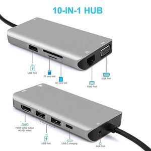 10 in 1 <span class=keywords><strong>USB</strong></span> Tipo-<span class=keywords><strong>C</strong></span> a HDMI VGA Audio <span class=keywords><strong>Aux</strong></span> RJ45 Gigabit e PD di ricarica carta di DEVIAZIONE STANDARD TF lettore di e 3 USB3.0 Hub per MacBook e più - Product Image 5