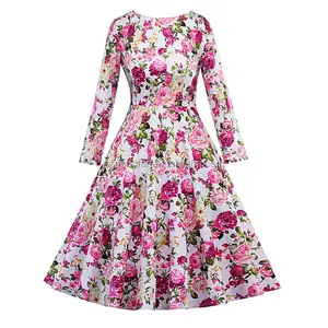 סתיו שמלת וינטג 'רטרו פרחוני הדפסת שמלת מסיבת נשים שרוול ארוך בסגנון 1950 s