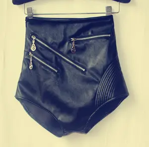 High-waist PU leather zipper decoration personality tight-fitting abdomen slim steel pole dance nightclub short leather pants