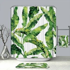 Rideaux et ensembles de douche de salle de bain en feuille de banane de Nature moderne avec tapis assortis, meilleure vente, chine, 2023