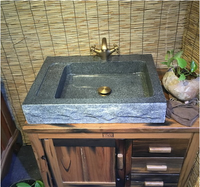 Lavabo en pierre ronde, 4 pièces, comptoir en bois