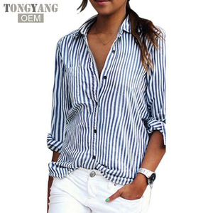 Tongyang kemeja lengan panjang garis-garis wanita, blus longgar kerah lipat musim gugur, atasan kasual wanita ukuran Plus 3XL - Product Image 1