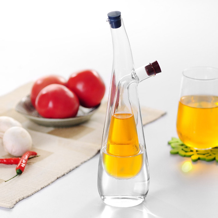Dispenser Per Olio E Aceto Homysh In Vetro, Doppio Contenitore (283g Olio + 85g Aceto) Con Tappi In Sughero E Imbuto. Design Antigoccia Elegante. - 3