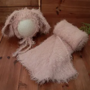 Photography Bunny Hat Baby Fluffy Wrap Newborn Stretch Knit Wrap Knitted Animal Hat Crochet Bunny Rabbit Bonnet Photo Props