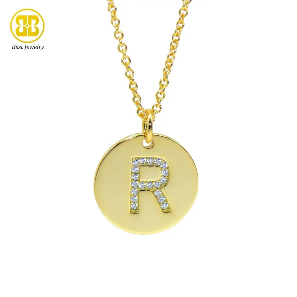 Di modo Personalizzato Cubic Zirconia Disco di Diamante di Fascino della Lettera di Alfabeto 925 Gioielli In Argento Sterling Placcato Oro Nome Collana Iniziale