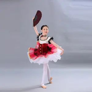 Kostum Dansa Beludru Merah Gadis Cantik Renda Hitam Rok Tutu Penampilan Panggung Bunga Merah Muda Kecil