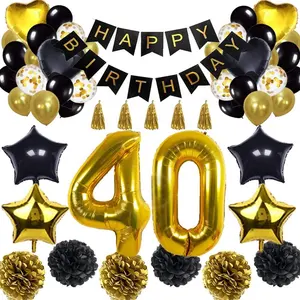40-й золотой черный день рождения украшения принадлежности украшения шар с днем рождения баннер воздушные шары номер 40 набор для дня рождения
