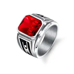 Anéis masculinos clássicos de aço inoxidável, pedra vermelha punk em aço inoxidável