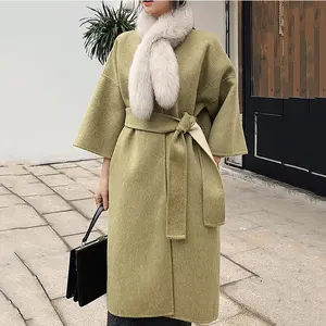 Ladies elegant women wool coat 90% wool fancy color belted jacket drop shoulder removable fox fur scarf loose winter coats