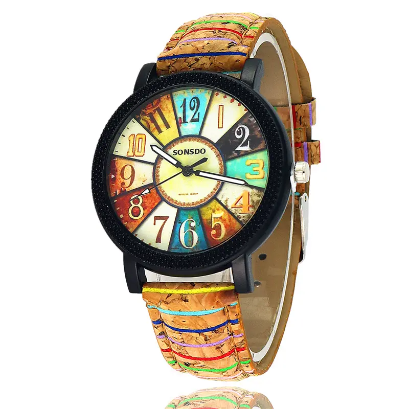 Hot sale vintage watch retro flower face compass wood grain ladies starfish pattern wood pattern band belt women quartz watches