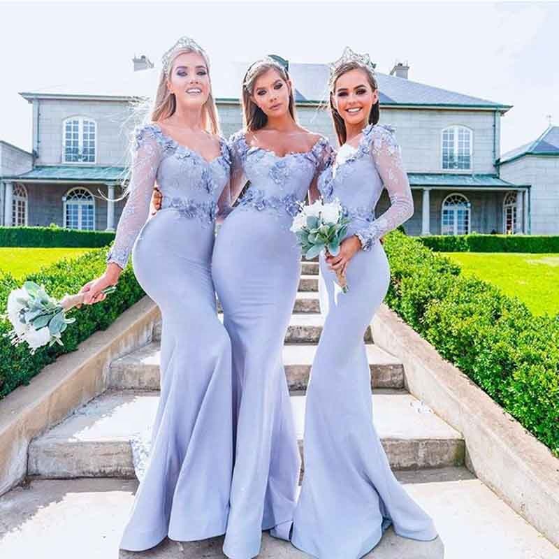 Long Sleeve Modern Floral Lavender Girls Bridesmaid Dress