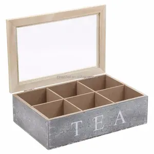 2024 Caixa de saquinhos de chá de madeira com tampa de vidro com acabamento cinza logotipo personalizado com 6 compartimentos