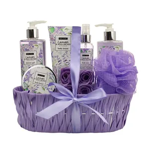 Grosir Set Shower Tubuh Lavender Mewah Alami Label Pribadi Hadiah Mandi Spa Gelembung Set untuk Wanita