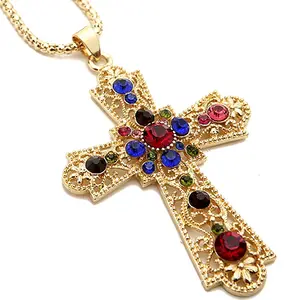 Husuru New Trendy Fashion Rainbow Jewelry Colorful Crystal Religious Jesus Crucifix Cross Pendant Necklace Golden For Women