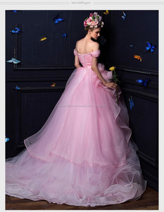 Nouveaux Modèles Appliques A-ligne Off-épaule Cap Manches Parole longueur De Mariée Organza Rose robes De Mariée WD1814 - Product Image 5