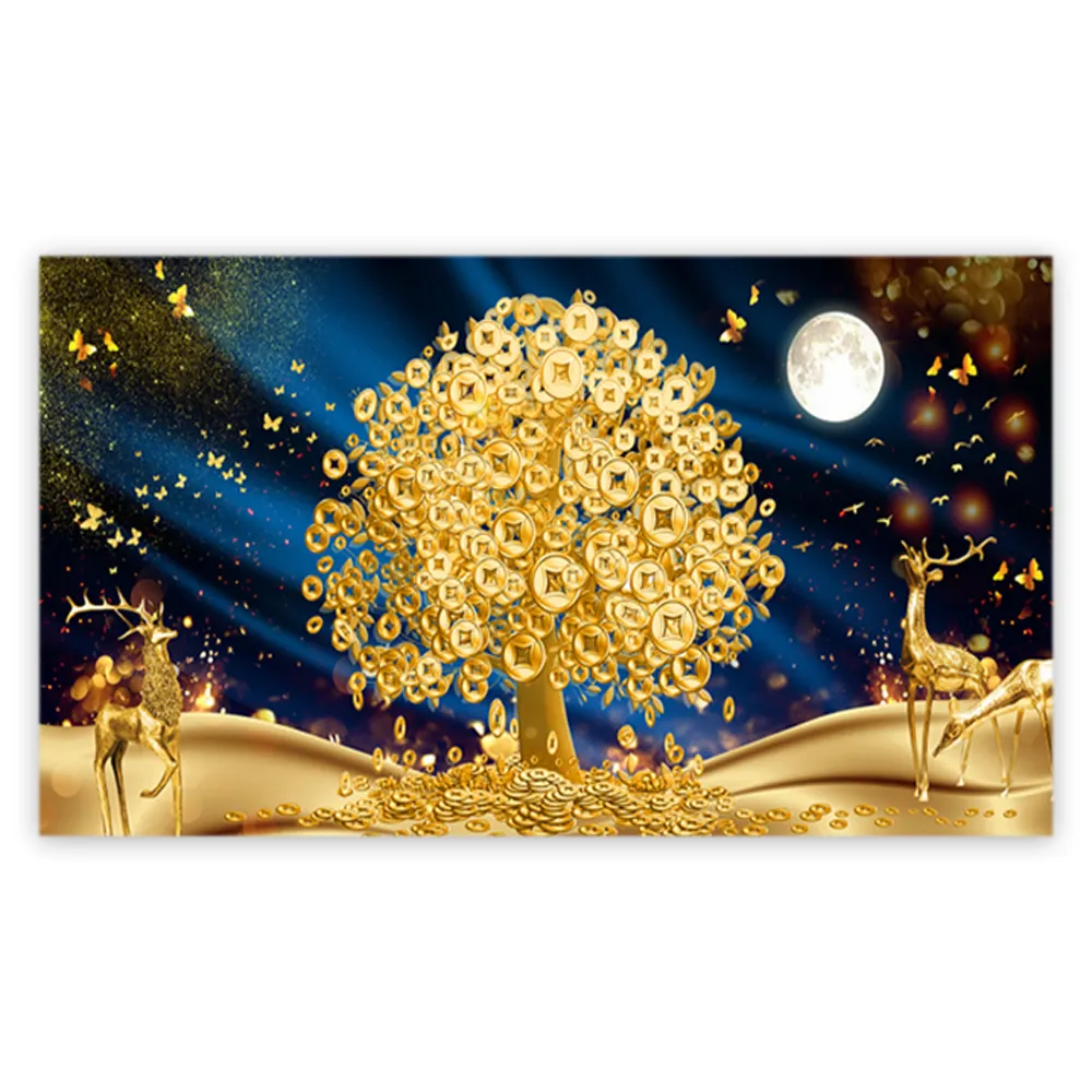 Brand new living room decor large size yellow trees design glass painting