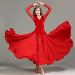 Traje longo de veludo para dança, vestido vermelho de salsa latina