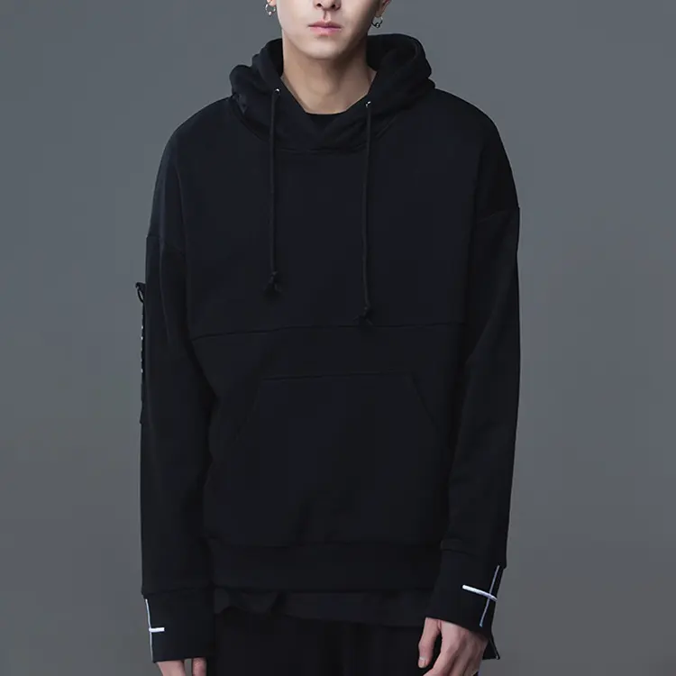 Pull à capuche avec logo brodé personnalisé, unisexe, noir uni, grande taille, pour hommes, streetwear, vente en gros