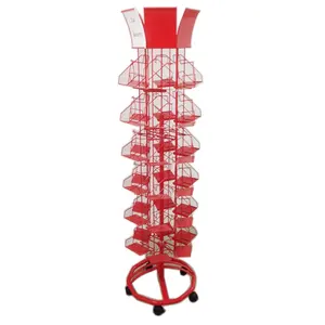 Rotary metal shelves greeting card display stand holder with wheels