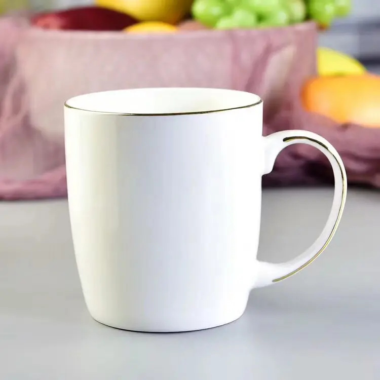 wholesale milk white fine bone china custom coffee mug with gold rim and handle