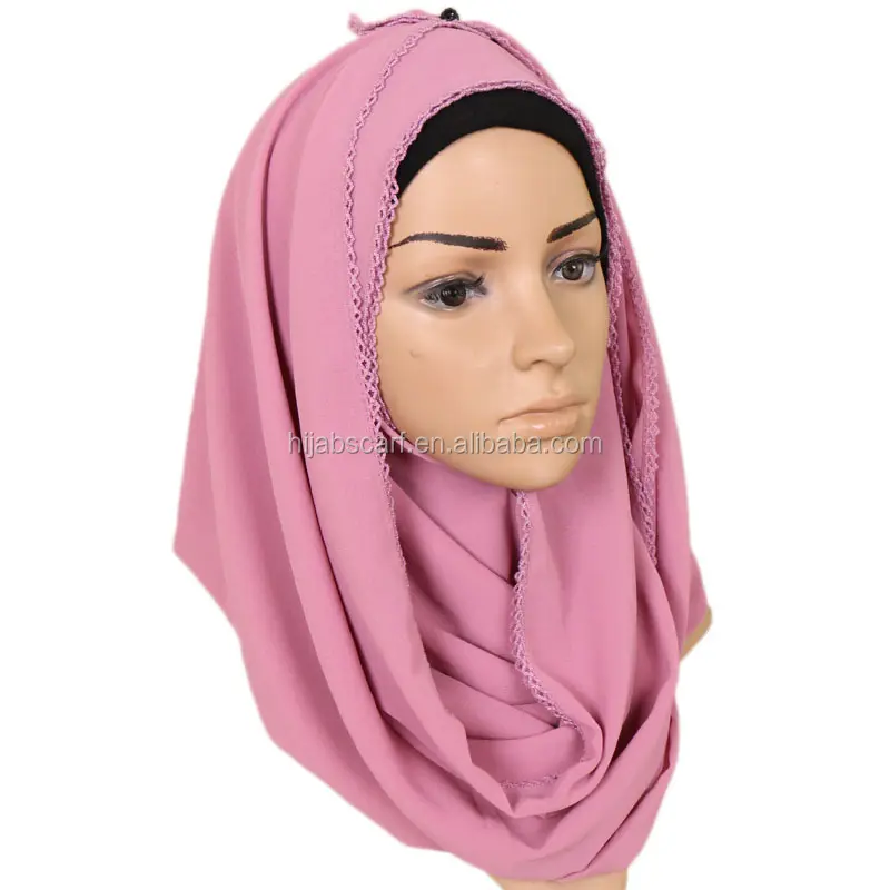 34 สีขอบลูกไม้ยาวผ้าคลุมไหล่ผู้หญิงฟองชีฟอง hijab มุสลิมผ้าพันคอ