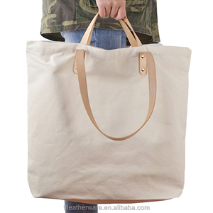 Tote Bag lourd blanc de 12OZ, sac en toile avec poignées en cuir véritable - Product Image 6