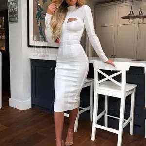 Fashion Patchwork Long Sleeve White Women Bodycon Bandage Dress Good Quality Party Cocktail Dress