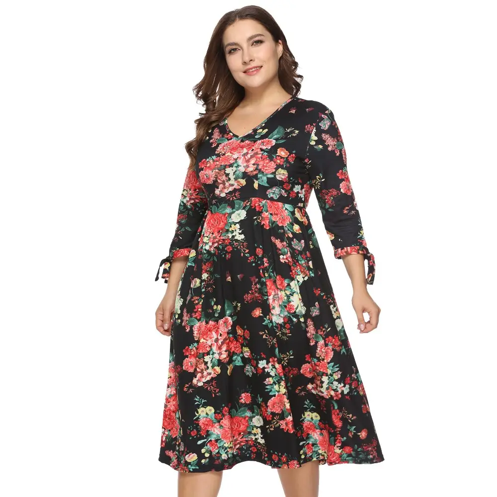 Factory Custom Plus Size Fashionable Lady V neck Floral Print 3/4 sleeve Ladies Dress XXXL Women