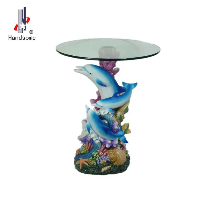 resin animal dolphin sculpture big size round glass table for coffee table