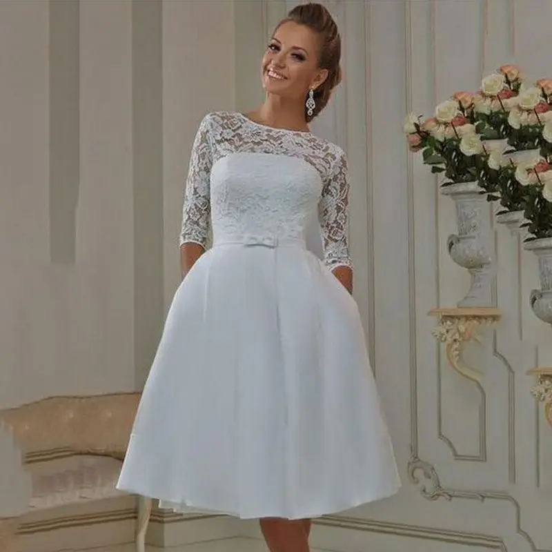 Nuovo Semplice di Lunghezza Del Ginocchio Cintura con Fiocco in Pizzo tessuto abito da sposa Mezza Manica Appliques Spose Abiti Da Sposa Vestido de novia 2020 WF046