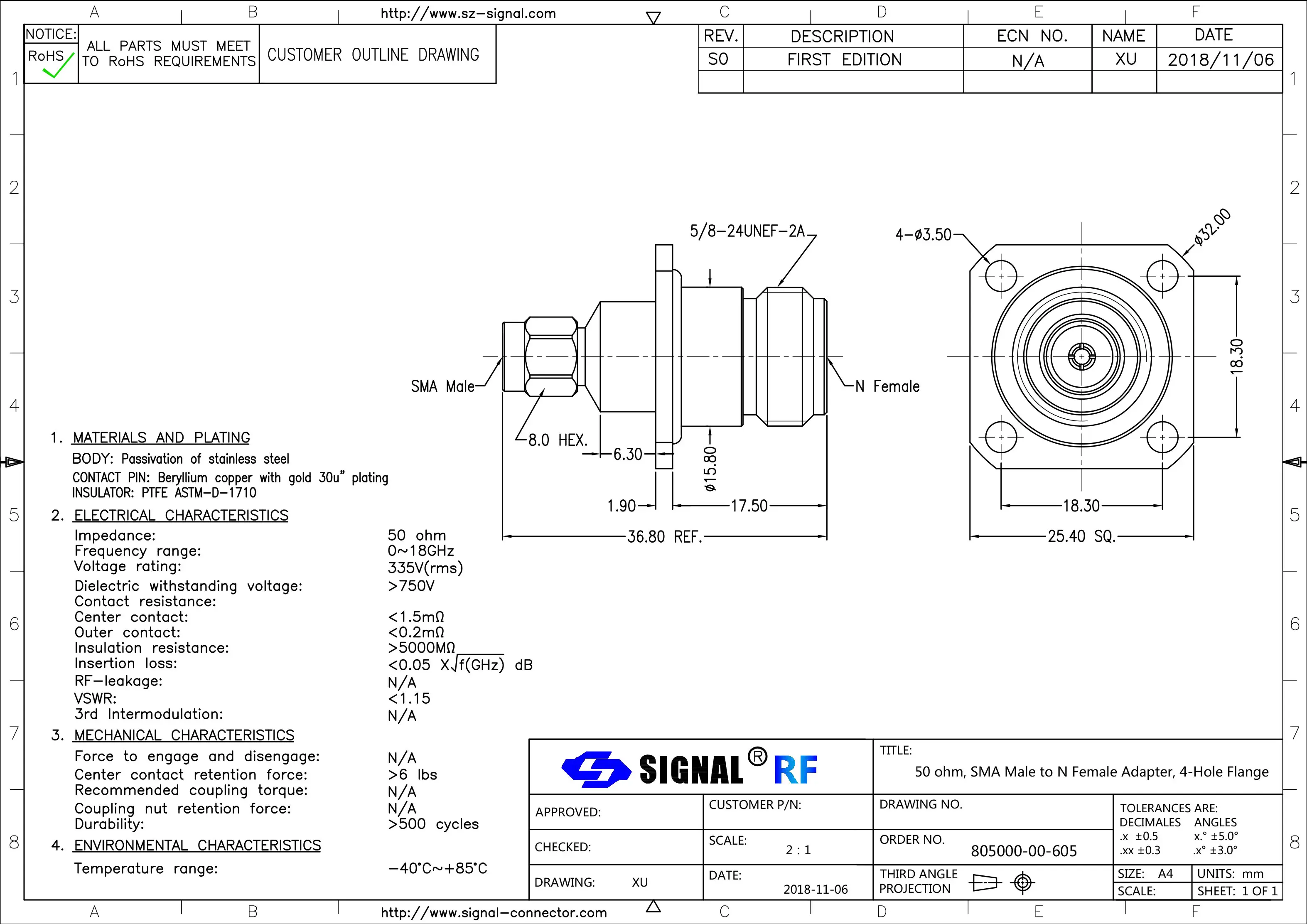 18 GHz SMA Male To N Female 4 Lubang Flange