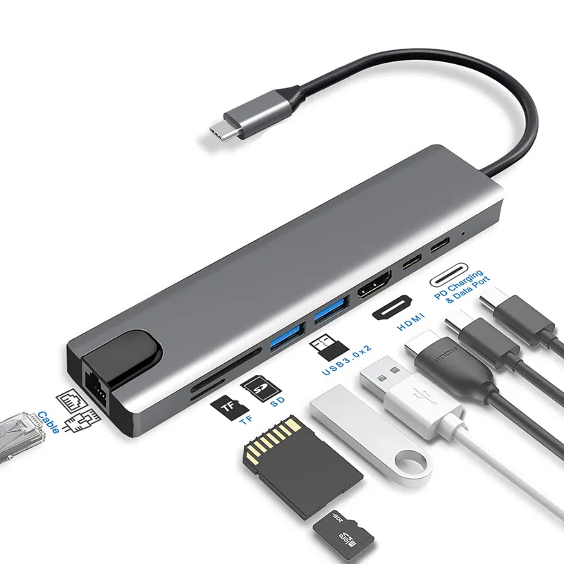 Usb type c hub 8 in 1 usb hub multi function adapter for MacBook Pro and Type C Windows Laptops