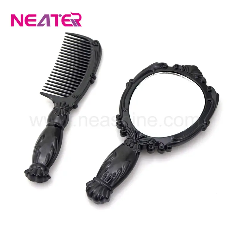 Wholesale plastic material black folding mirror and hair brush set for travel