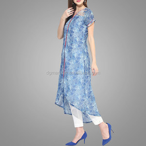 Azul Impreso V-cuello Largo Vestido Asimétrico Diseño de La Muestra Que Fluye Vestido de <span class=keywords><strong>Manga</strong></span> Corta - Product Image 2