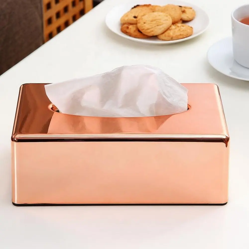 Venta al por mayor Rectangular personalizado de lujo Balfour Hotel de plástico ABS de oro rosa de acero inoxidable caja metálica de pañuelos de papel cubierta con los titulares