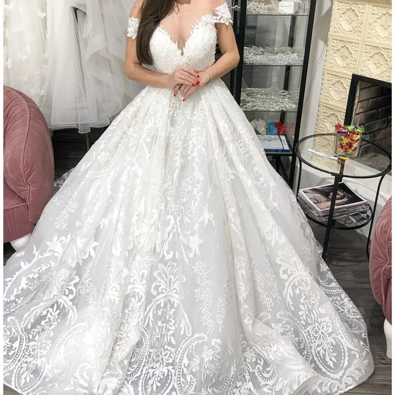 2019 Venta caliente hermosa gran bola vestido boda Vestido V abierto espalda de encaje vuelta escote V profundo de cola larga vestido de novia vestido de boda