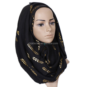 Wholesale Fashion Spring Plain Muslim Tudung Gold Glitter Leaves Shawl Cotton Hijab Scarf For Woman