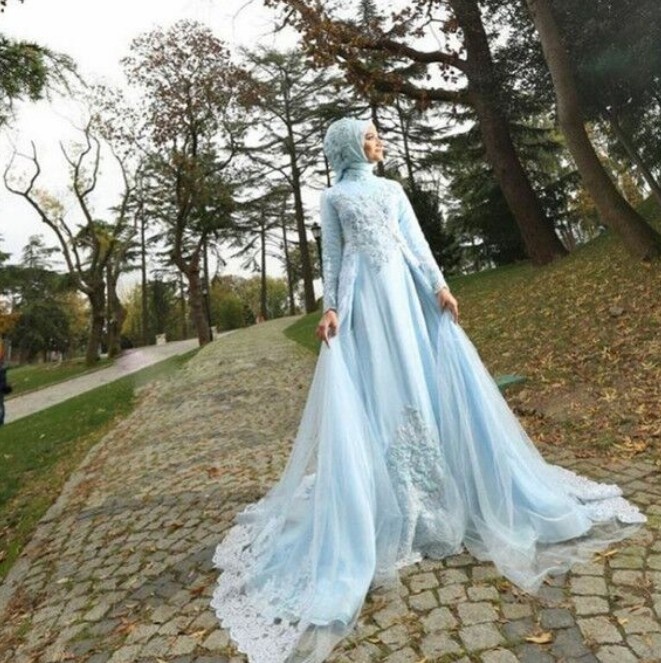 Modest Muslim Long Sleeve Bridal Gown - Arabic Blue Dress