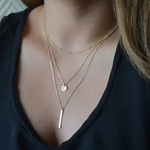 Cheap Trendy Multi Layer Gold Chian Necklace Alloy Pendant Women Bar Necklace