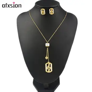 AFXSION high quality Diamonds Note necklace earrings 18K Gold stainless steel jewelry set women