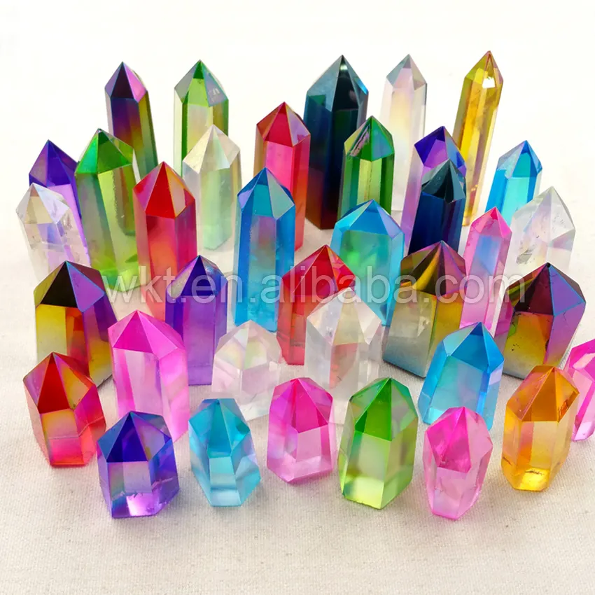 WT-G235 Beautiful Rainbow Aura Angel Crystal Quartz Point,Handmade Cutting Cabochon Crystal Quartz With Color Electroplated