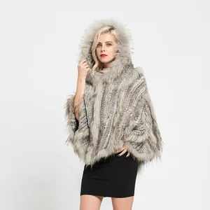 Soft Touch Feeling Real Rabbit & Raccoon Fur Knitted Poncho Women's Fashion Style Shawls Winter Cape Pullover