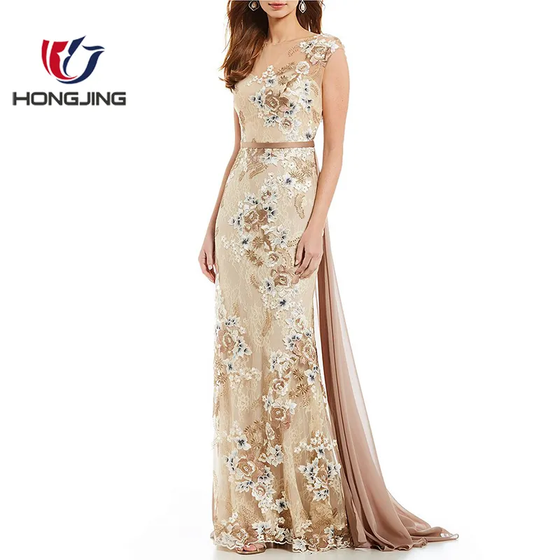 Vrouwen dragen nieuwe stijl sexy Bloemen Geborduurde Kant Gown Illusion hals kapmouwtjes Terug ritssluiting floor lengte midi jurk